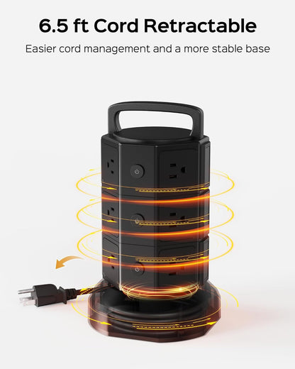 Ultimate Power Strip Tower Surge Protector - 12 Outlets & 6 USB Ports, 1625W, 6.5Ft Heavy Duty Extension Cord - Perfect for Home, Office & Dorm!