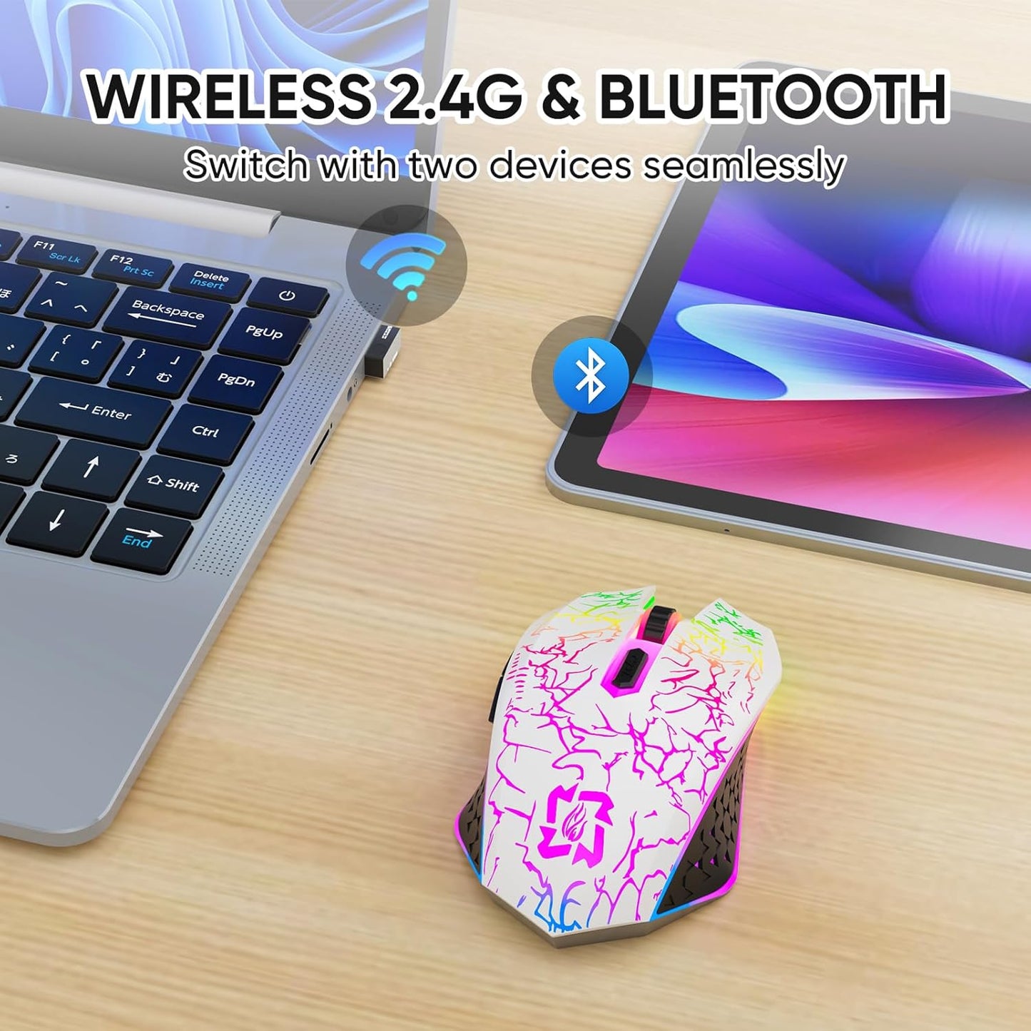 Bluetooth Mouse Gaming Mouse, 2.4G Cordless RGB Rechargeable