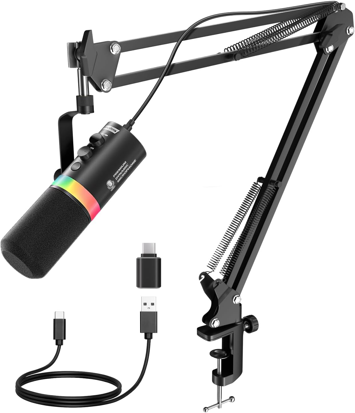 XLR/USB Dynamic Microphone with Boom Arm Stand, for Podcasting, Live Streaming, Gaming, Recoding, Vocal Voice-Over